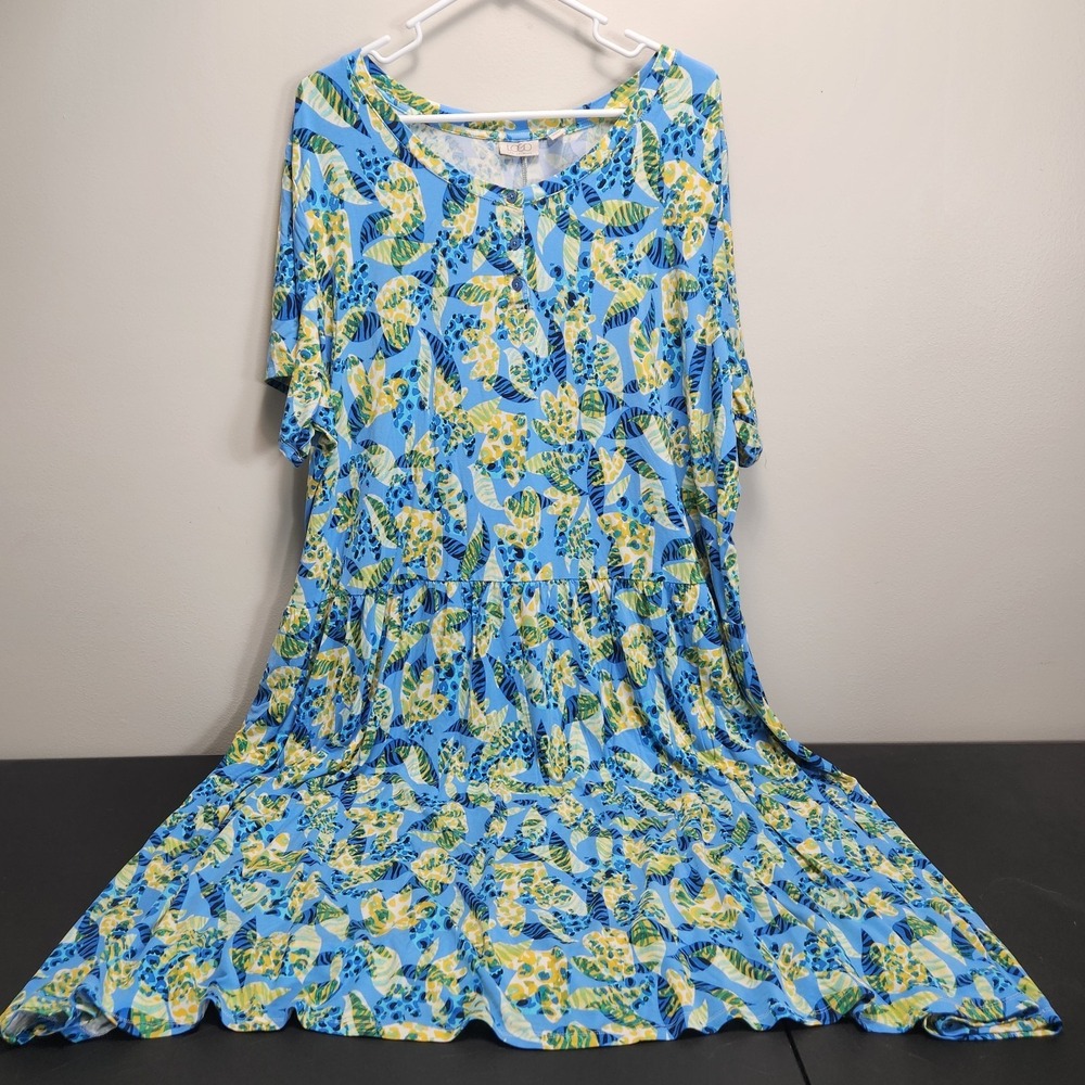 LOGO By Lori Goldstein Modest Dress Blue/Yellow Floral Jersey Stretch Size 3X